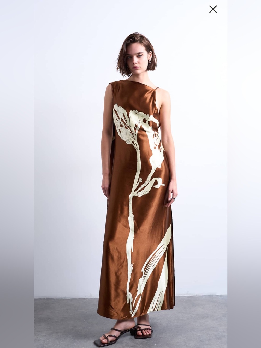 Topshop Brown Satin Maxi Dress with Cream Floral